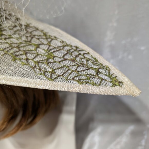 Ivory Fascinator with Olive Green & Ivory French Netting & Feathers main image 5